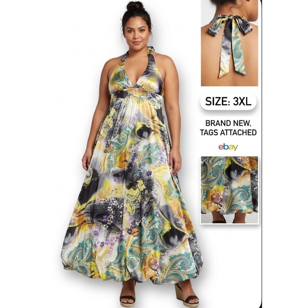 Ever-Pretty Paisley Halter Maxi Dress Multi-Color Satin Feel Plus Size 3XL NWT